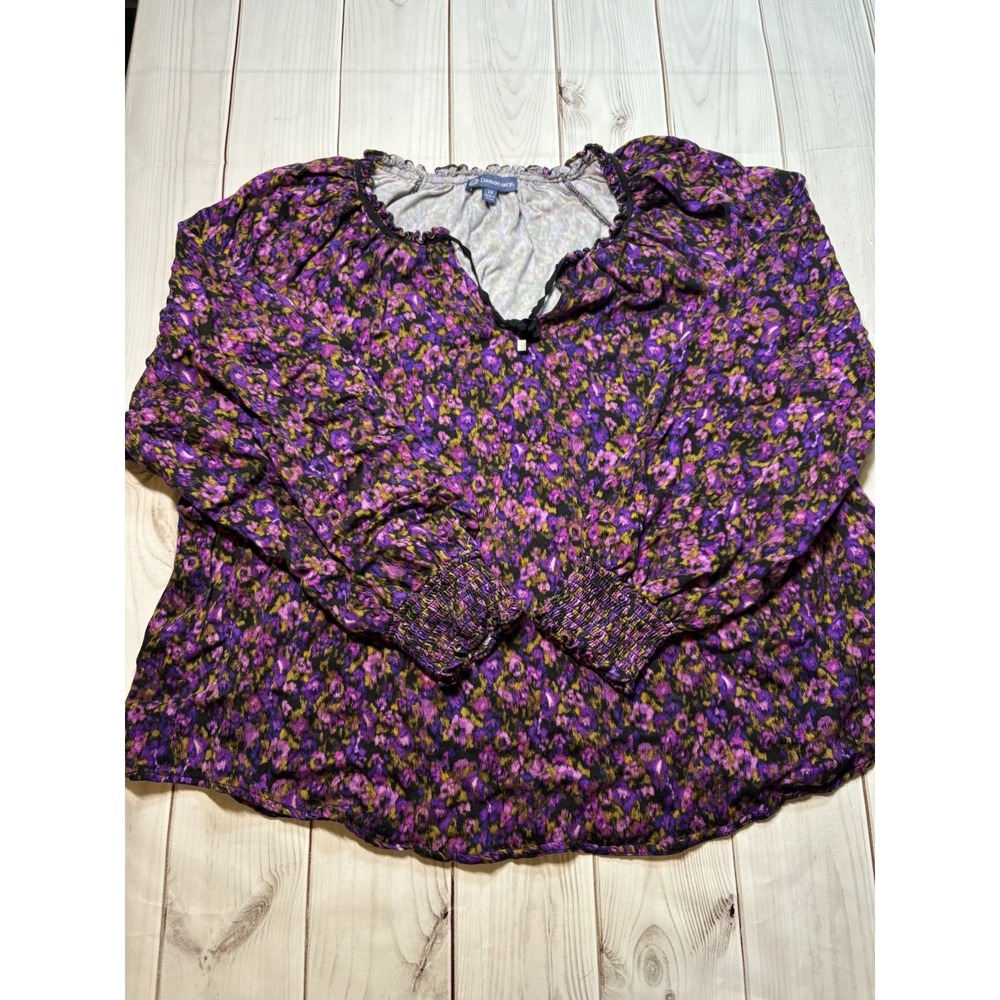 Democracy 1X Women Purple Floral Blouse Long Sleeve Flowy Ruffle Pullover